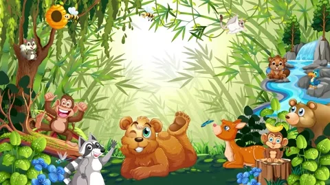 Cartoon Forest Animals Loop Animation Background with Copy Space Stock Footage 348633120