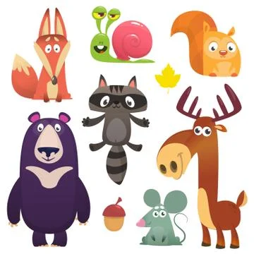 Cartoon forest animals set. Flat vector illustrations design. Squirrel, snail Stock Illustration