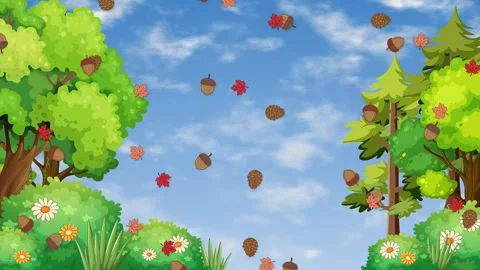 Cartoon Forest Animation with Falling Acorns Pinecones and Leaves Stock Footage 345208879