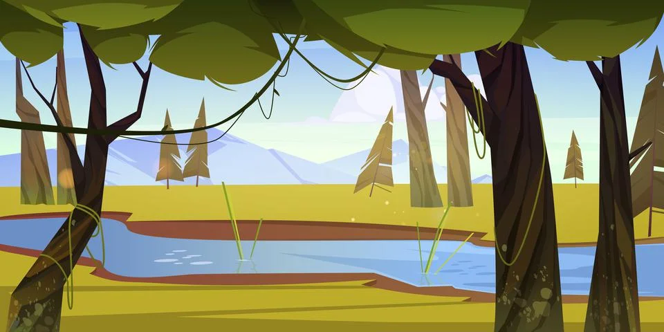 Cartoon forest background with flow under trees Stock-Illustration