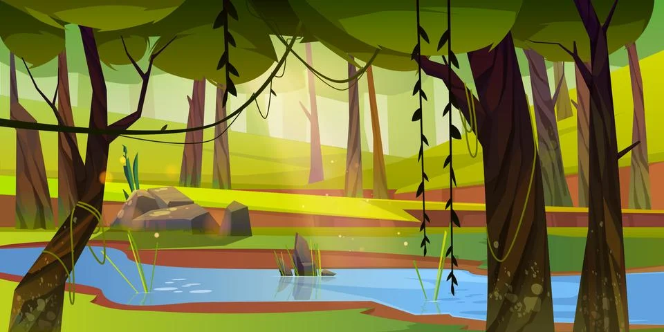 Cartoon forest background with stream flow, wood Stock Illustration