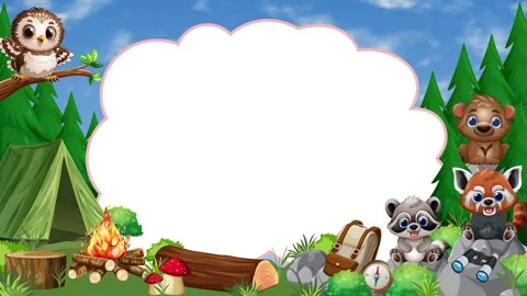 Cartoon Forest Camping Border Frame with Animated Cute Animals Loop Stock Footage 346427595