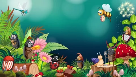 Cartoon Forest Insects Orchestra Playing Musical Instruments Animation Stock Footage 346270501