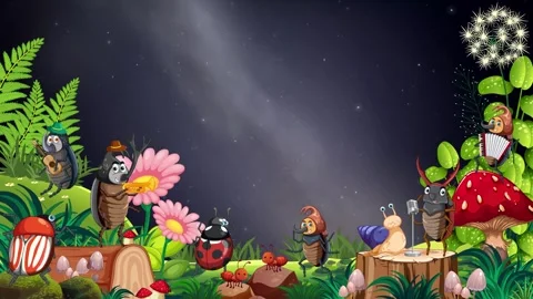 Cartoon Forest Insects Playing Musical Instruments Against Night Sky Background Stock Footage 346435281