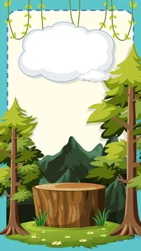 Cartoon Forest Landscape with Tree Stump and Blank Speech Bubble Illustration