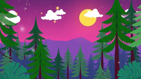 Cartoon Forest Night: Animated Backdrop with Trees, Stars, Clouds and Moon Stock Footage 317966809