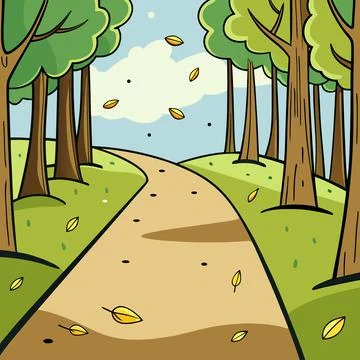 Cartoon Forest Path with Falling Autumn Leaves Stock Illustration