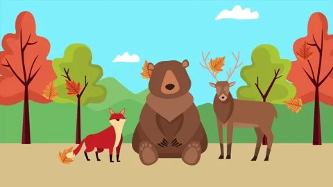 Cartoon forest scene with cute bear fox and deer standing together in autum.. Stock Footage 338715979