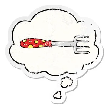 Cartoon fork and thought bubble as a distressed worn sticker Stock Illustration
