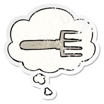 Cartoon fork and thought bubble as a distressed worn sticker Stock Illustration
