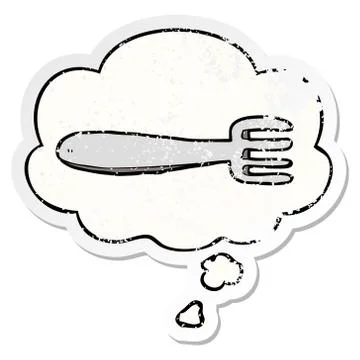 Cartoon fork and thought bubble as a distressed worn sticker Stock Illustration