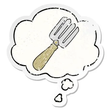 Cartoon fork and thought bubble as a distressed worn sticker Stock Illustration