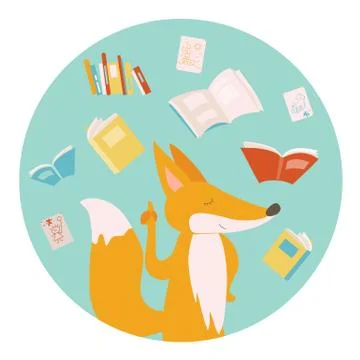Cartoon fox with books Stock Illustration