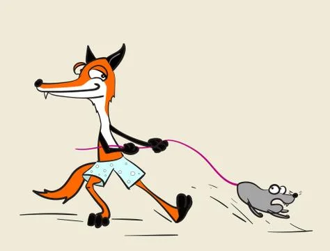 Cartoon fox with mouse or rat caught by tail Stock Illustration