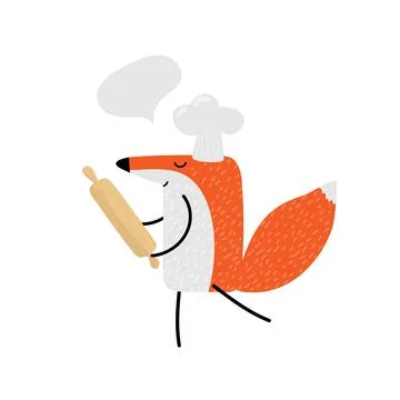 Cartoon fox with rolling pin and chefs hat. Vector hand drawn illustration on Stock Illustration