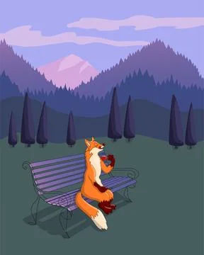 Cartoon fox sitting on a bench Stock Illustration