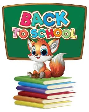 Cartoon Fox Sitting on Stack of Books with Chalkboard Background Stock Illustration