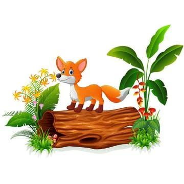 Cartoon fox on tree trunk Stock Illustration