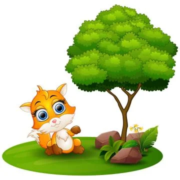 Cartoon fox under a tree on a white background Stock Illustration
