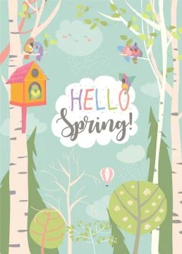 Cartoon frame with spring forest and birds Stock Illustration