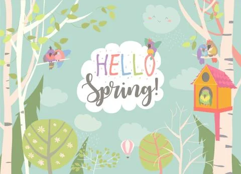 Cartoon frame with spring forest and birds Stock Illustration