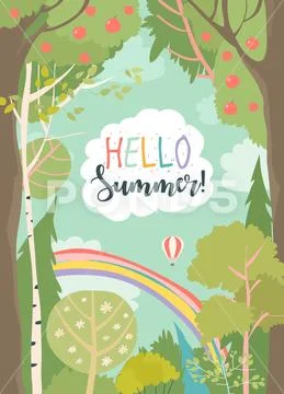 Cartoon frame with summer forest and rainbow Stock Illustration