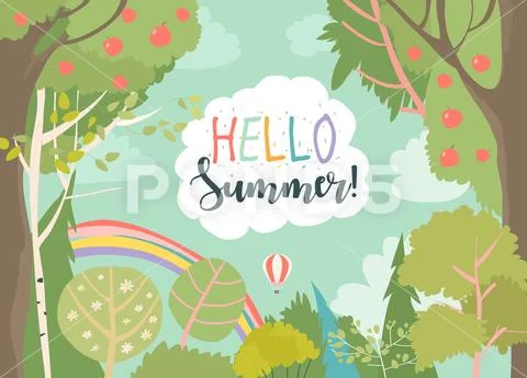 Cartoon frame with summer forest and rainbow Stock Illustration