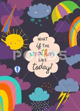 Cartoon frame with weather. Sun, cloud, rain, rainbow,snow Stock Illustrationen