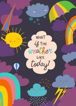 Cartoon frame with weather. Sun, cloud, rain, rainbow,snow Stock Illustration