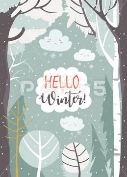 Cartoon frame with winter forest. Hello winter Stock Illustration