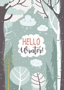 Cartoon frame with winter forest. Hello winter Stock Illustration