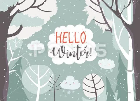 Cartoon frame with winter forest. Hello winter Stock Illustration