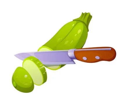 Cartoon fresh broccoli sliced with kitchen knife Stock Illustration