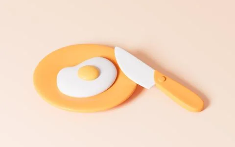 Cartoon fried egg and tableware, 3d rendering. Stock Illustration