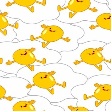Cartoon fried egg background. Scrambled eggs relaxes pattern seamless. Baby.. 스톡 일러스트