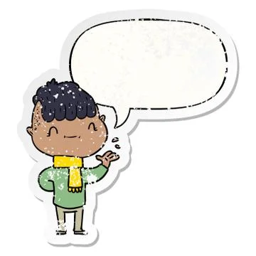 Cartoon friendly boy and speech bubble distressed sticker Stock Illustration