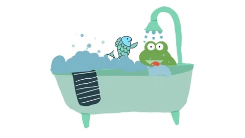 Cartoon frog and fish take a bath together Stock Footage 311364100