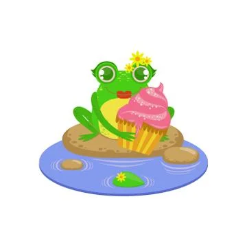 Cartoon Frog Character With Cupcake 스톡 일러스트