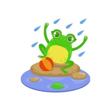 Cartoon Frog Character Playing Under Rain 스톡 일러스트