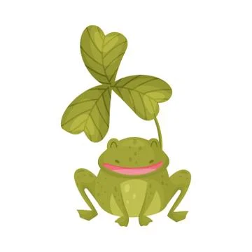 Cartoon frog with clover. Vector illustration on white background. Stock Illustration
