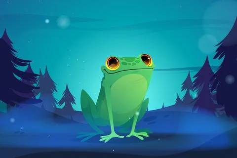 Cartoon frog in night forest, wild funny toad Stock Illustration