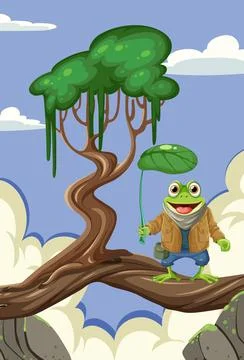 Cartoon Frog Standing on Tree Stock Illustration