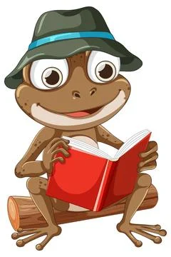 Cartoon Frog Wearing Hat Reading Book on Log Stock Illustration