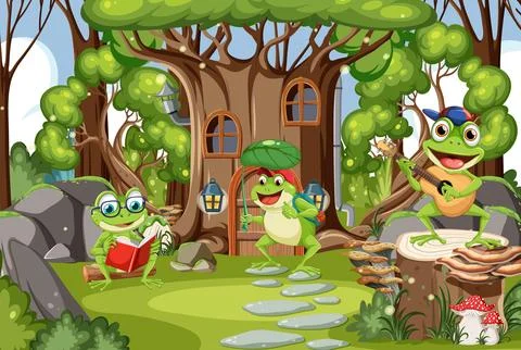 Cartoon Frogs in the Forest Stock Illustration
