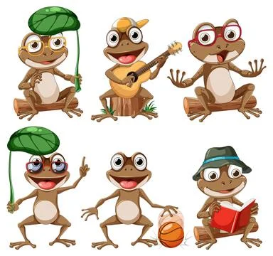 Cartoon Frogs in Various Fun Activities and Outfits Stock Illustration