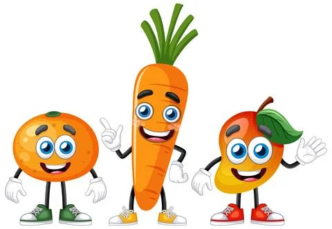 Cartoon Fruit and Vegetable Characters Smiling on White Background Stock Illustration