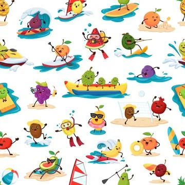 Cartoon fruit characters seamless pattern, vector Stock Illustration