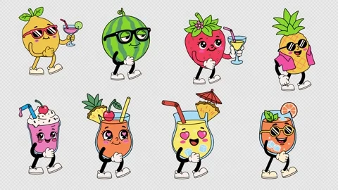 Cartoon Fruit Drink Characters Walking Loop Animation Set Alpha Channel Stock Footage 331782185