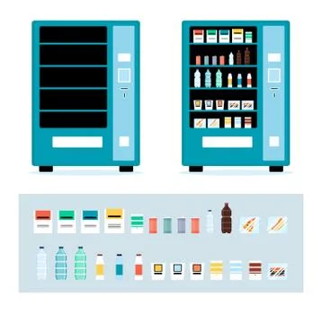 Cartoon full and empty vending machine set - isolated snack food items Illustrazione stock
