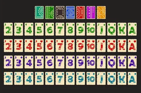 Cartoon Full deck of playing cards in Aztec style. Set with isolated cards .. Illustrazione stock